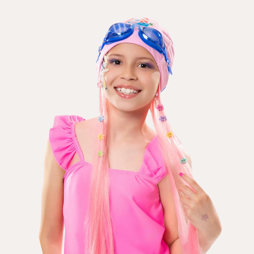 Mermaid Splash Swim Cap with Pink Hair – Double Layer for Kids